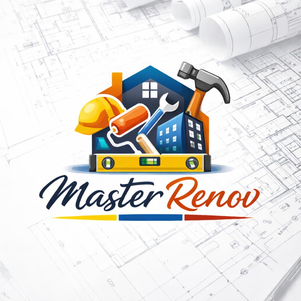 Logo de Master Renov avec des outils de construction et des plans architecturaux en arrière-plan.